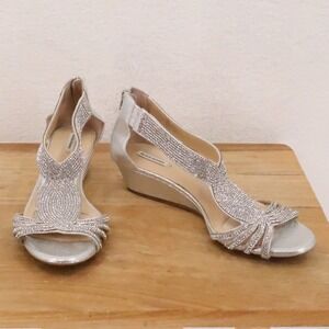 Alex Marie Silver Rhinestone Wedge Sandals Womens 9.5M Evening Wedding Guest